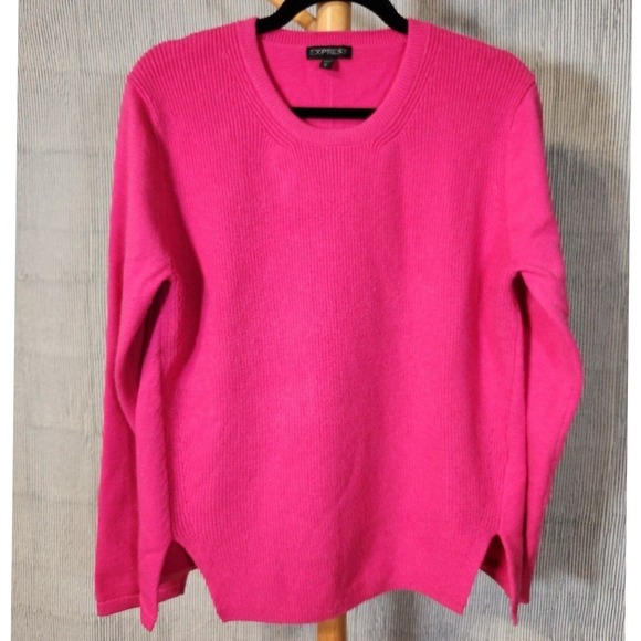 Express $70 Large Y2K Hot Pink Wool Blend Ribbed Split Hem Crew Sweater - Picture 2 of 7